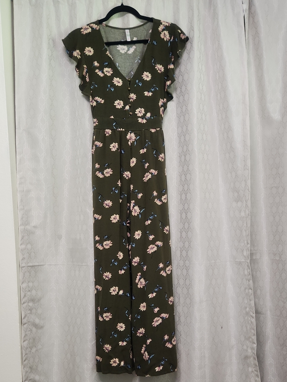 Xhilaration Olive Floral V-Neck Romper with Ruffle Sleeves